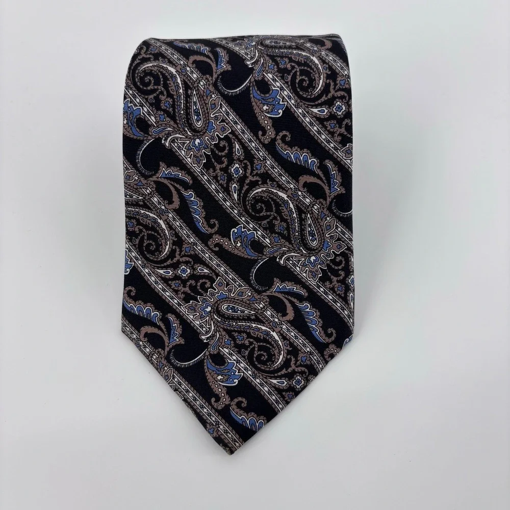 Christian Dior Vintage Silk Paisley Stripe Necktie Men OS Blue Tan Italy USA